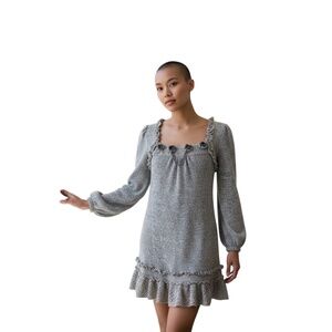 Forla grey long-sleeved Women's mini dress with a square neckline & ruffled trim